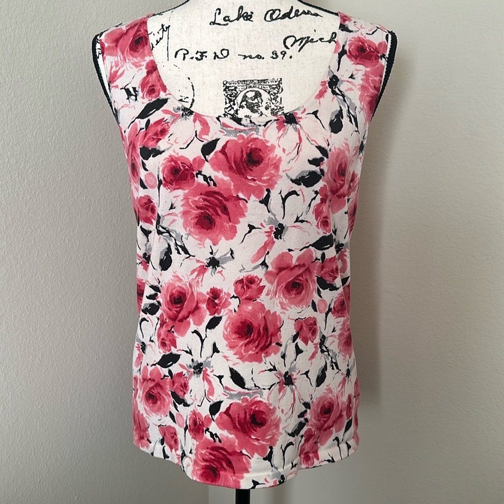 Jones New York Women's Pink Floral Knit Scoop Neck Sleeveless Tank Top L